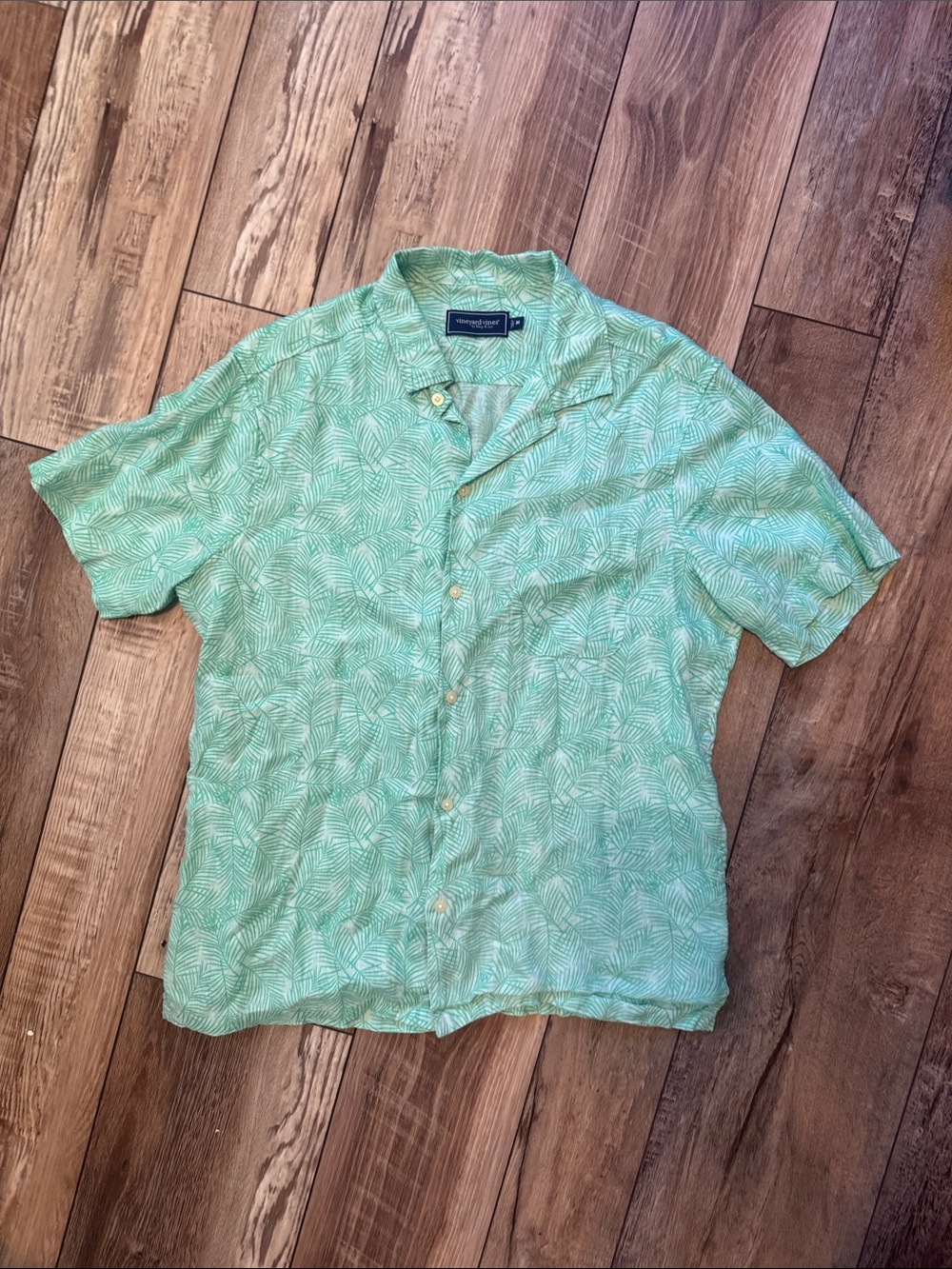 Vineyard Vines Light Green Palm-Leaf Short Sleeve Camp Shirt